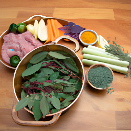 Fresh herbs, spices, and vegetables used to season and prepare the turkey for cooking in a Dutch oven.