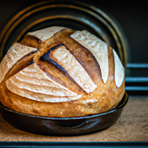 A freshly baked loaf of bread with a crispy golden crust, made in a dutch oven.