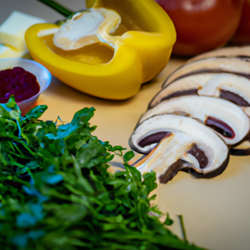 Fresh ingredients for pizza toppings, including cheese, vegetables, and herbs